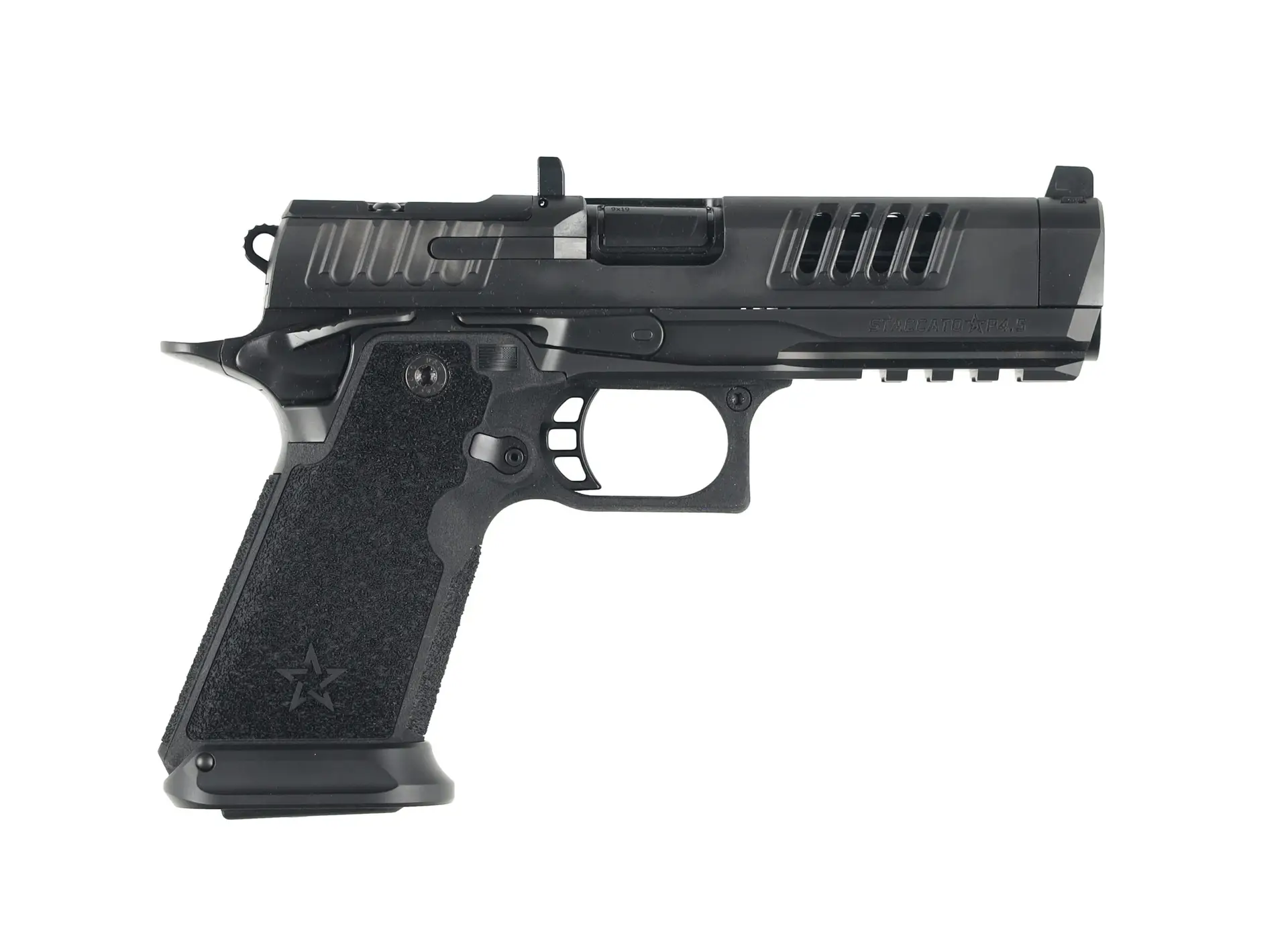 Staccato HD P4 compact 9mm pistol with tactical design, duty-ready handgun featuring optic-ready slide and ergonomic grip for professional and defensive use